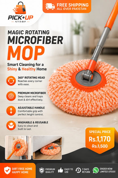 Magic Rotating Microfiber Mop – Adjustable Long Handle Floor Cleaning System