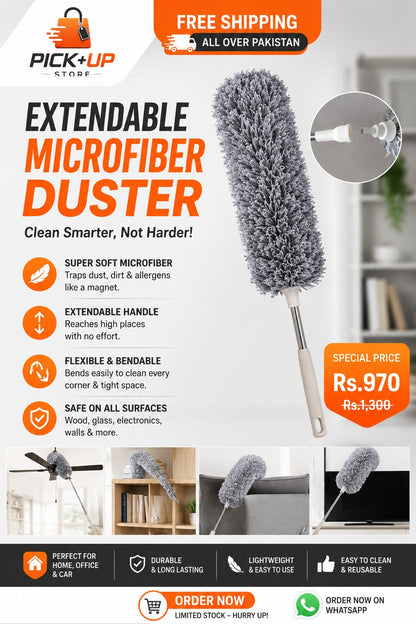 Extendable Microfiber Duster – Flexible Long-Handle Dust Cleaning Tool