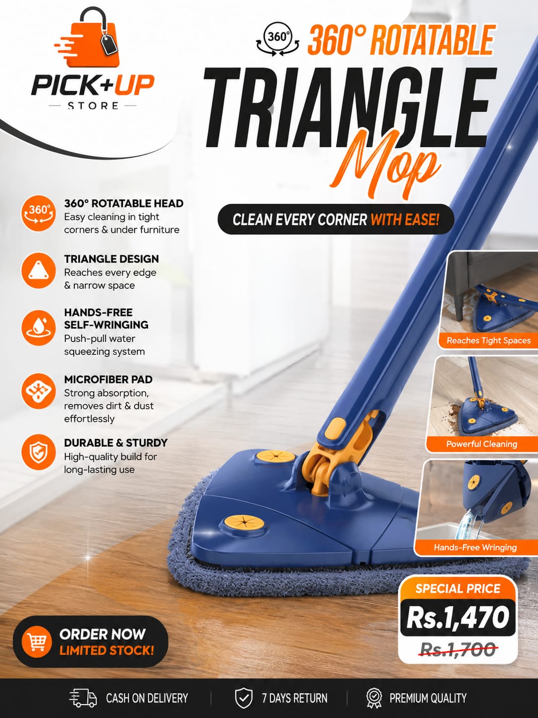 360° Rotating Triangle Twist Mop – Hands-Free Self-Wringing Floor Cleaning System