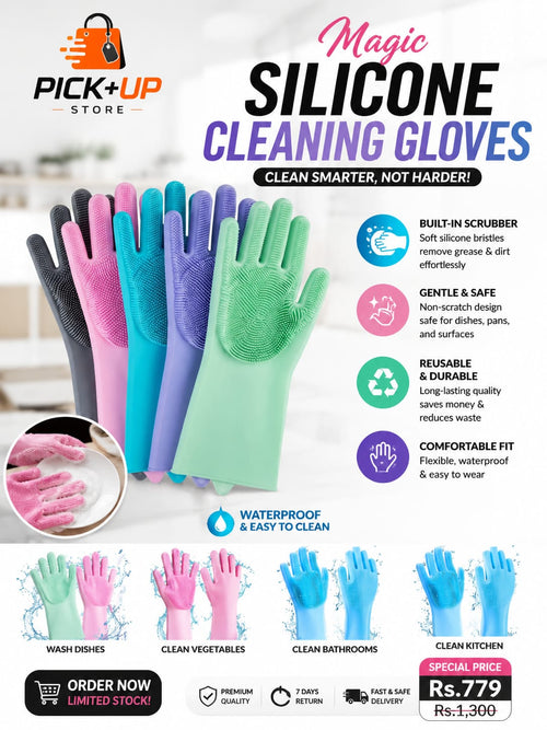 Magic Silicone Cleaning Gloves – Reusable Dishwashing Gloves with Built-In Scrubber