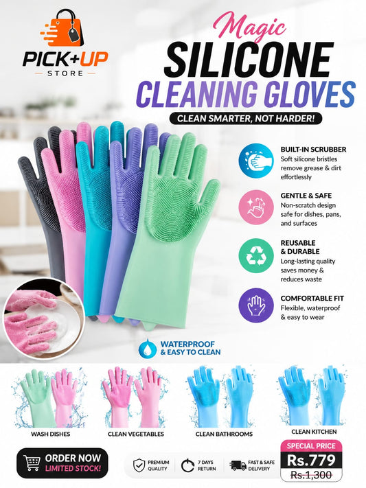 Magic Silicone Cleaning Gloves – Reusable Dishwashing Gloves with Built-In Scrubber